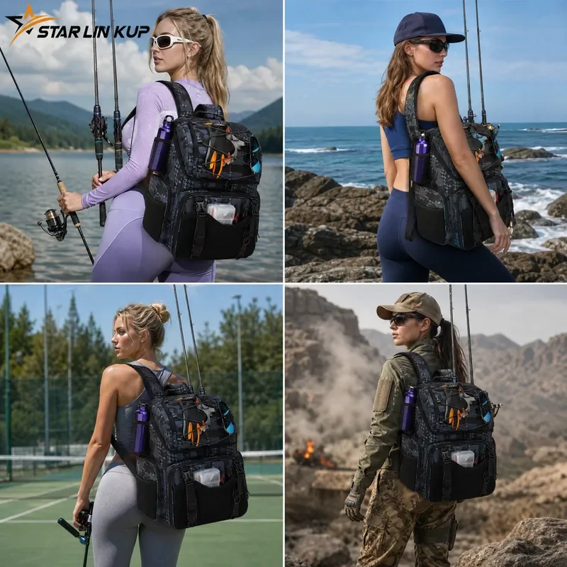 STAR LIN KUP 45L Fishing Backpack Cooler Bag with Rod Holders Rain Cover Tackle Storage for Camping Hiking Outdoor