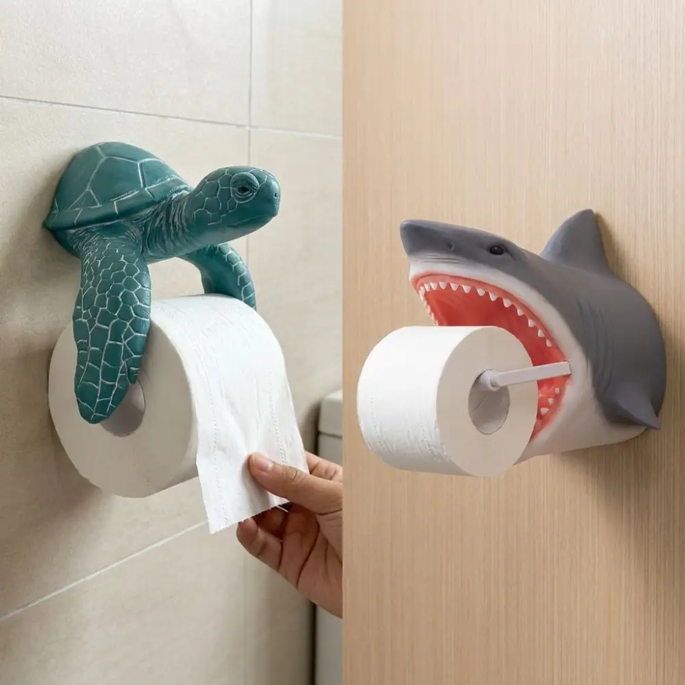 Shark Turtle Toilet Paper Holder Wall Mounted Resin Toilet Tissue Rack 3D Printed Coastal Style Paper Towel Stand Restroom