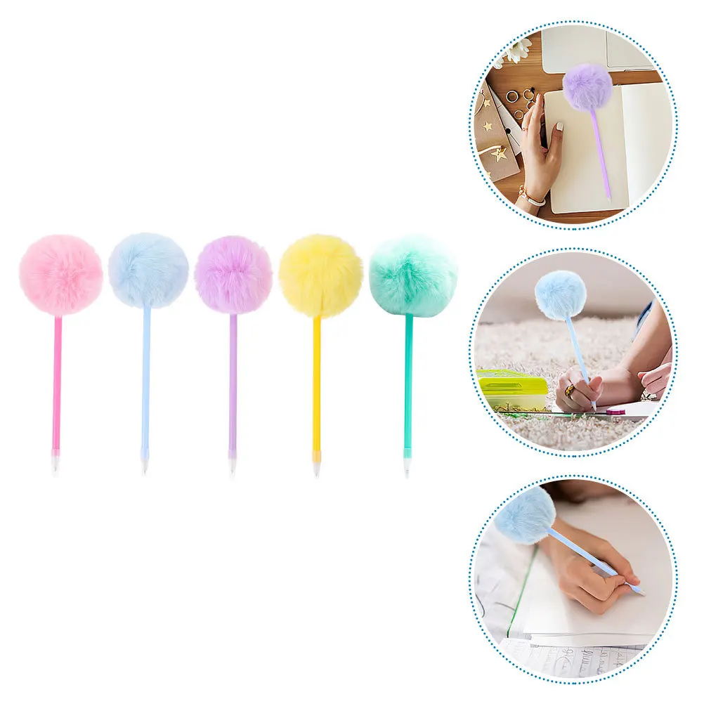 

5 шт. милые шариковые ручки с помпоном для красочного письма, забавные школьные принадлежности, ручки для студентов, офисного использования