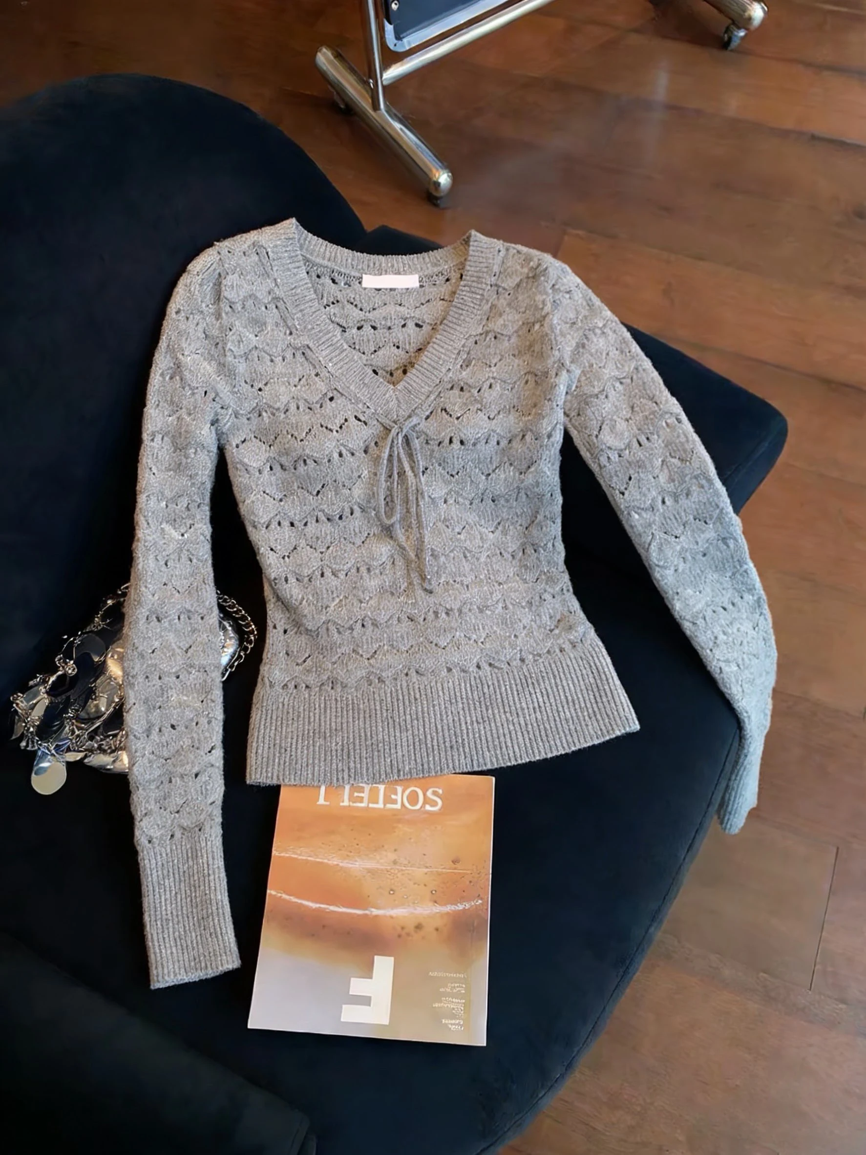 

Вязаный свитер Ele Long Sve для женщин, модный дизайн, приталенный силуэт с поясом, весна-осень, V-образный вырез, повседневный стиль