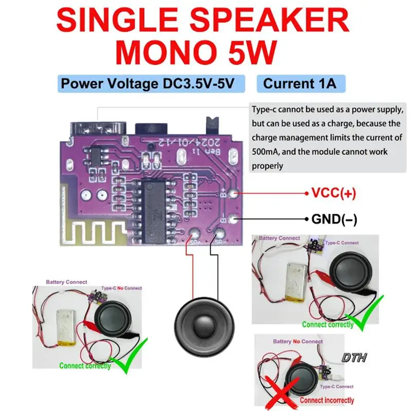

DC3.5V-5V 5W Mono Audio Amplifier Bluetooth Decoder Board Supports TWS Pair TYPE-C Interface Electronic Component Kit