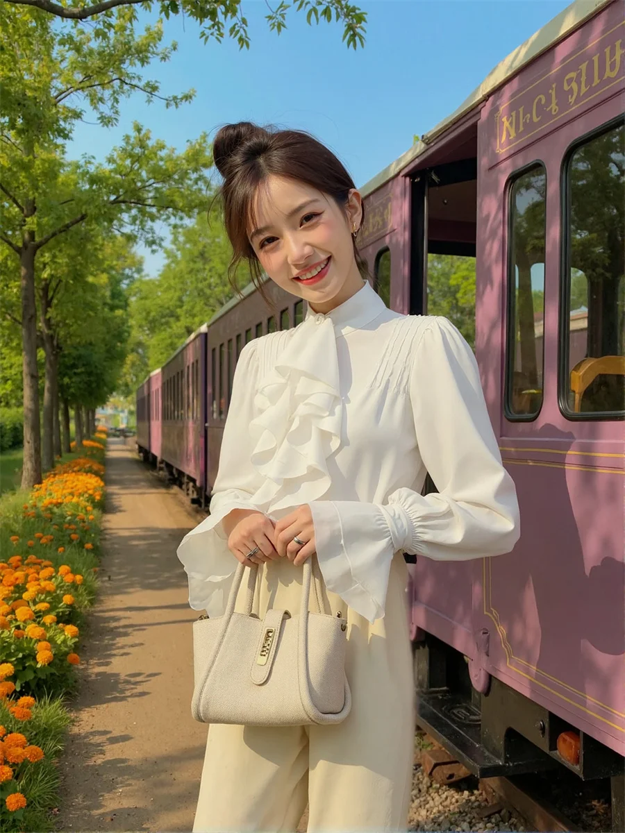 

Ruffles French Style Shirts Japanese Blouses Women'S Christmas Clothes Summer Flattering Wide Relaxed Everyday Blend Girlish Ins