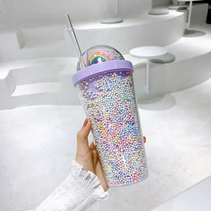 Transparent Double-layer Straw Plastic Water Cup with Rainbow Sequin Cover, Outdoor Portable Straw Cup with Logo Printing