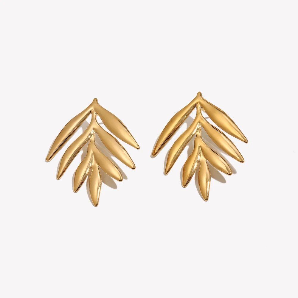 E.B.belle 18K Gold Plated Leaf Branch Stud Earrings For Women Stainless Steel Palm Leaf  Earrings Minimalist Botanical Jewelry