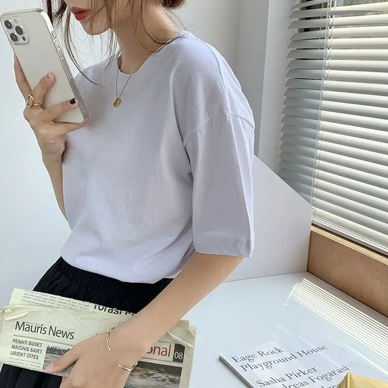 

Women Monochromatic Short Sleeved T-shirt Round Neck Base Shirt Half Sleeve Black Pure Cotton Summer Top Clothing New 2024