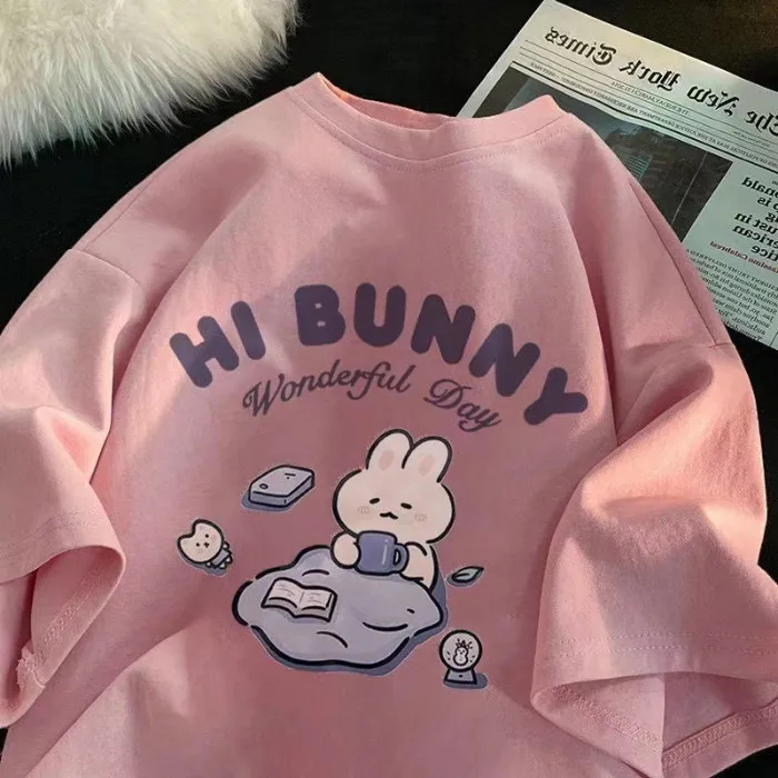 Sommer japanisches süßes Tee-Trink-Kaninchen-bedrucktes Kurzarm-T-Shirt für Damen und Jungen, gleiches, lockeres, lässiges, großes Oberteil – Detail 9