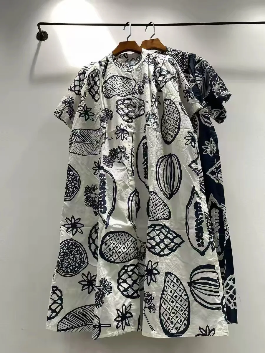 2026 Women's Tropical Fruit Print Shirt Dress Japanese Style Haraju Fashion Stand Collar Short Sleeve Button Front Midi Dress