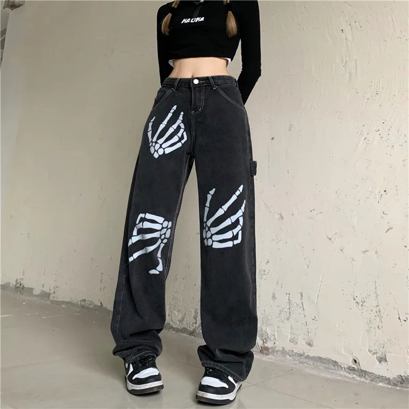 

Korean Fashion Spring Design Sense Retro Print Loose Slimming Jeans High Waist Straight Leg Wide Leg Pants Trendy Female Clothes
