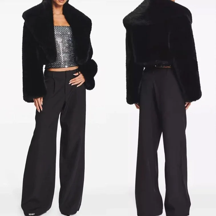 

Artificial Fur Short Jacket Warm Fluffy Lady Eco Fur Coat Winter Women Faxu Fur Coat Furry Collar Drop Shoulder Female