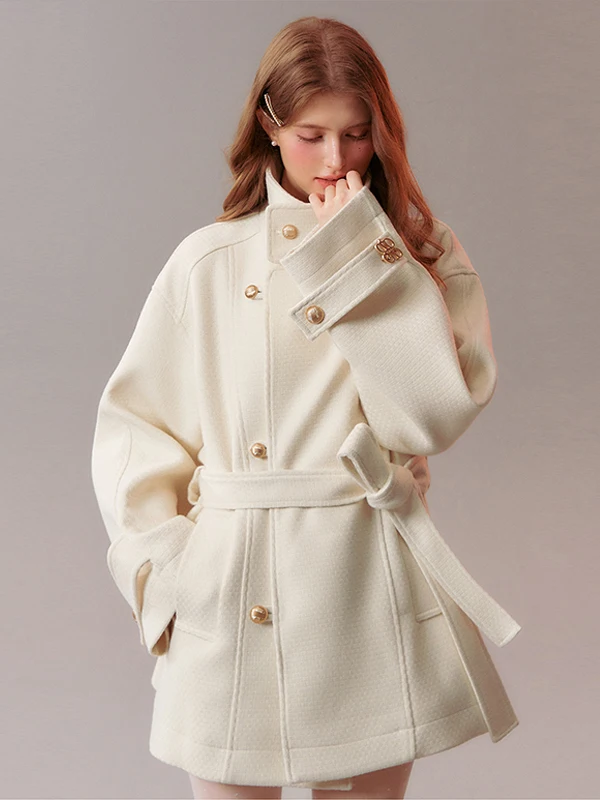 

Белое шерстяное пальто с воротником-стойкой для женщин, зимнее, в корейском стиле, с внутренним пуховым утеплителем, прямого кроя, удобное для повседневной носки