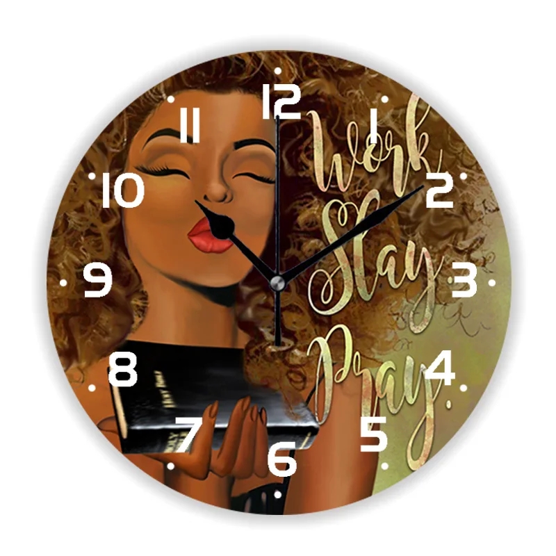 African American Black Girl Work Slay Pray Wall Clock for Living Room Afro Woman Large Bedroom Wall Watch Inspiration Home Decor