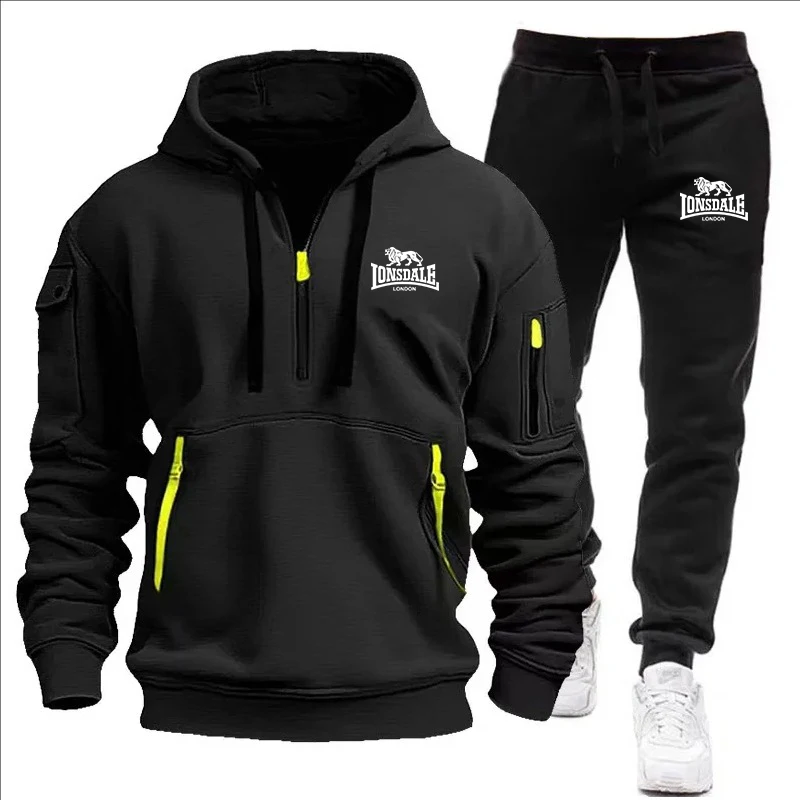 Set pakaian olahraga pria, hoodie ritsleting multi-saku + celana olahraga jogging santai kebugaran Musim Semi dan Gugur 2025