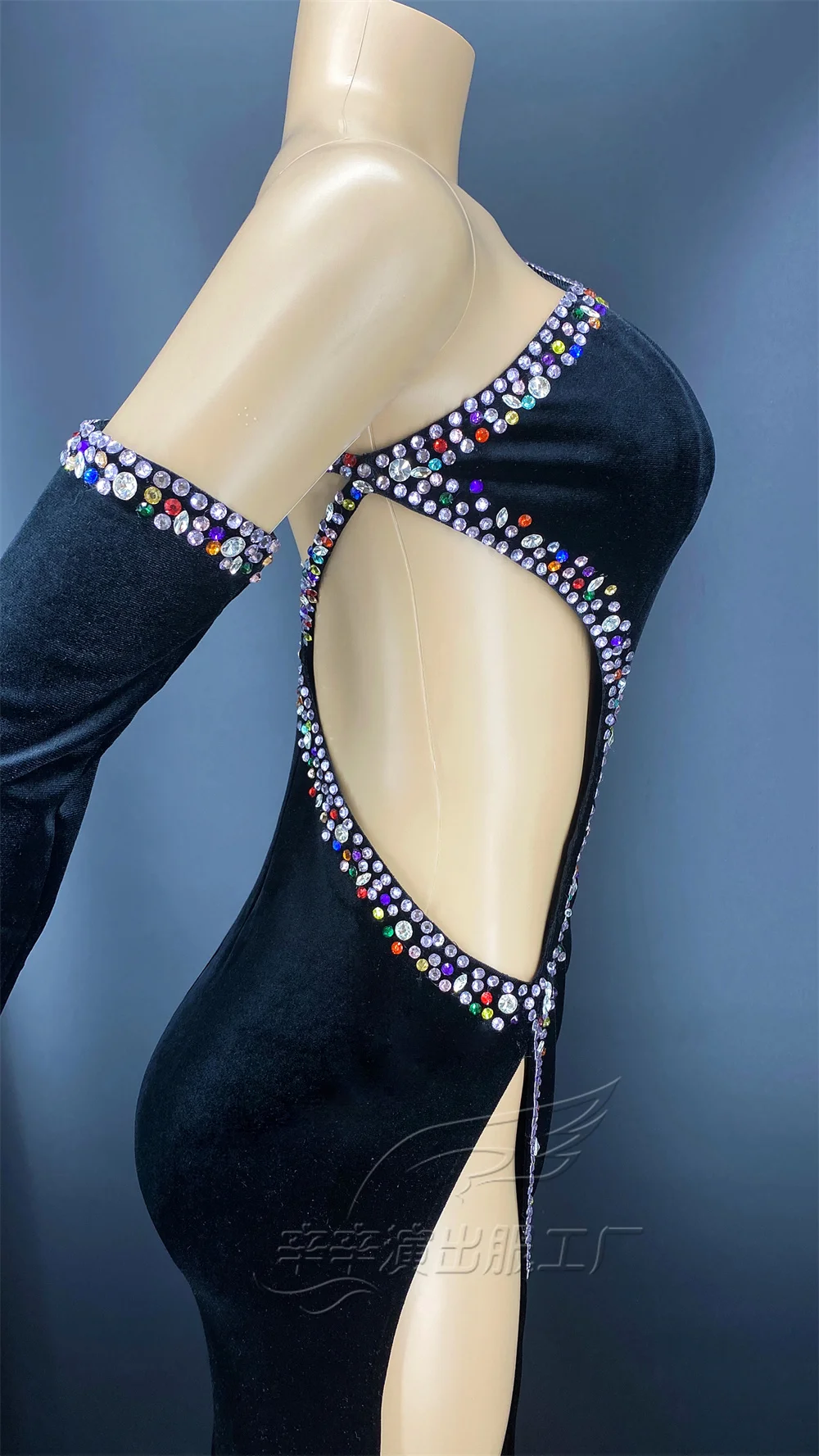 Car Model Female Singer Sexy Rhinestone Stitching Velvet Bag Hip Show Long Skirt Stage Performance Evening Dress