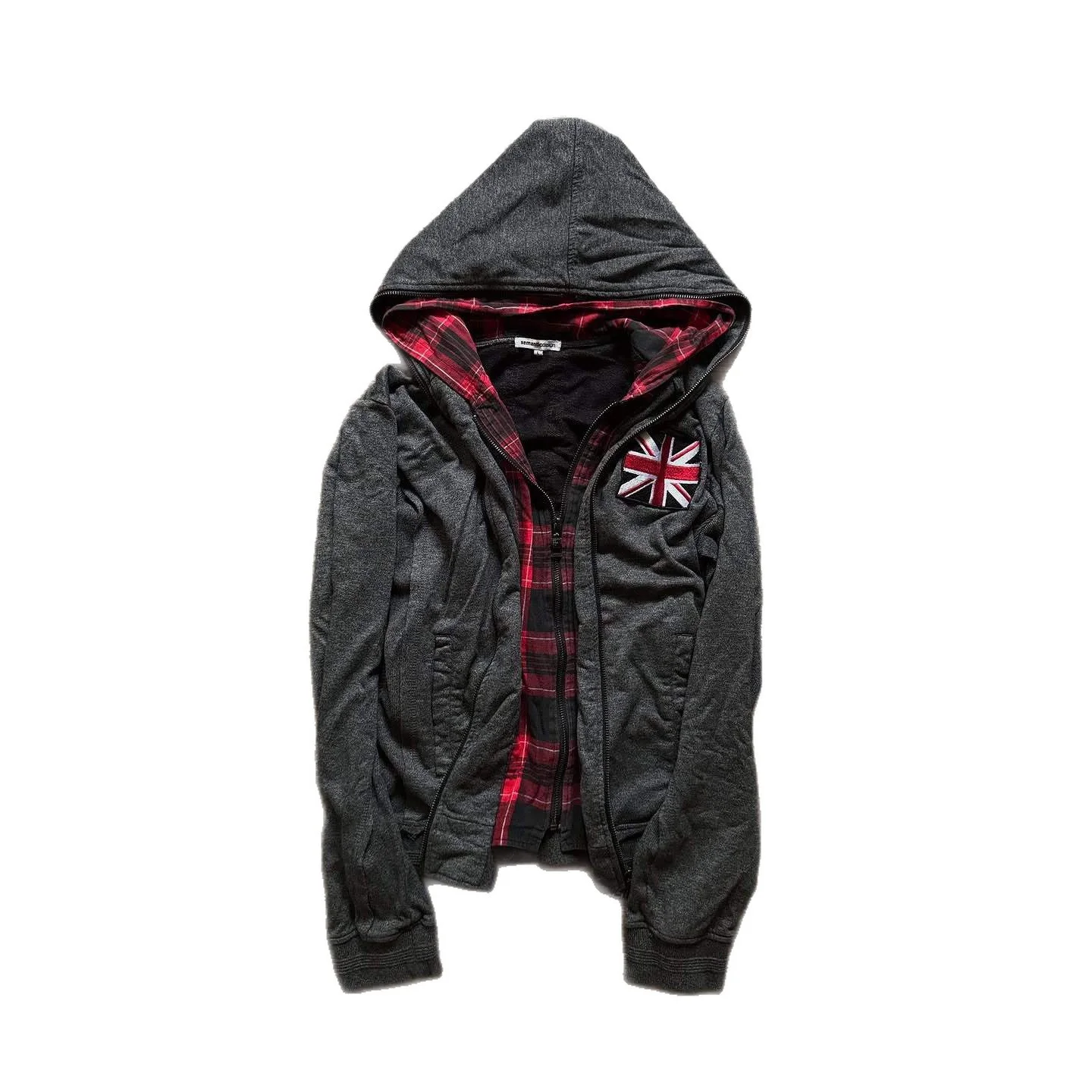 Sudadera con Capucha Retro con Parche de la Bandera Británica, Forro a Cuadros Rojos, Cierre de Cremallera Gris Jaspeado, Chaqueta Holgada Informal de Estilo Urbano Y2K para Hombre y Mujer