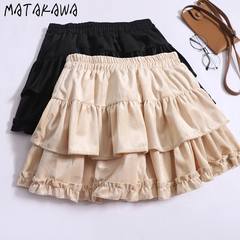 

Matakawa Velvet Mini Skirts Ruffles Autumn Winter Elastic High Waist Retro Faldas Mujer Korean Fashion Solid Sweet Women Skirt