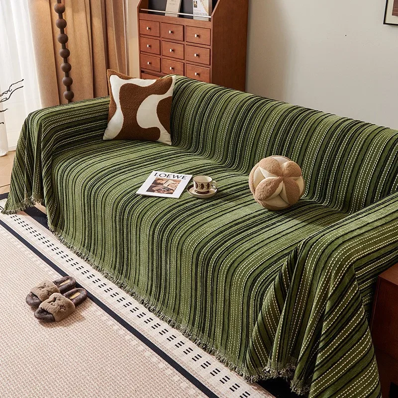 Simple Solid Color Sofa Cover Green Chenille Stripe Pattern One-Piece Sofa Towel Universal Sofa Covers Decor Living Room