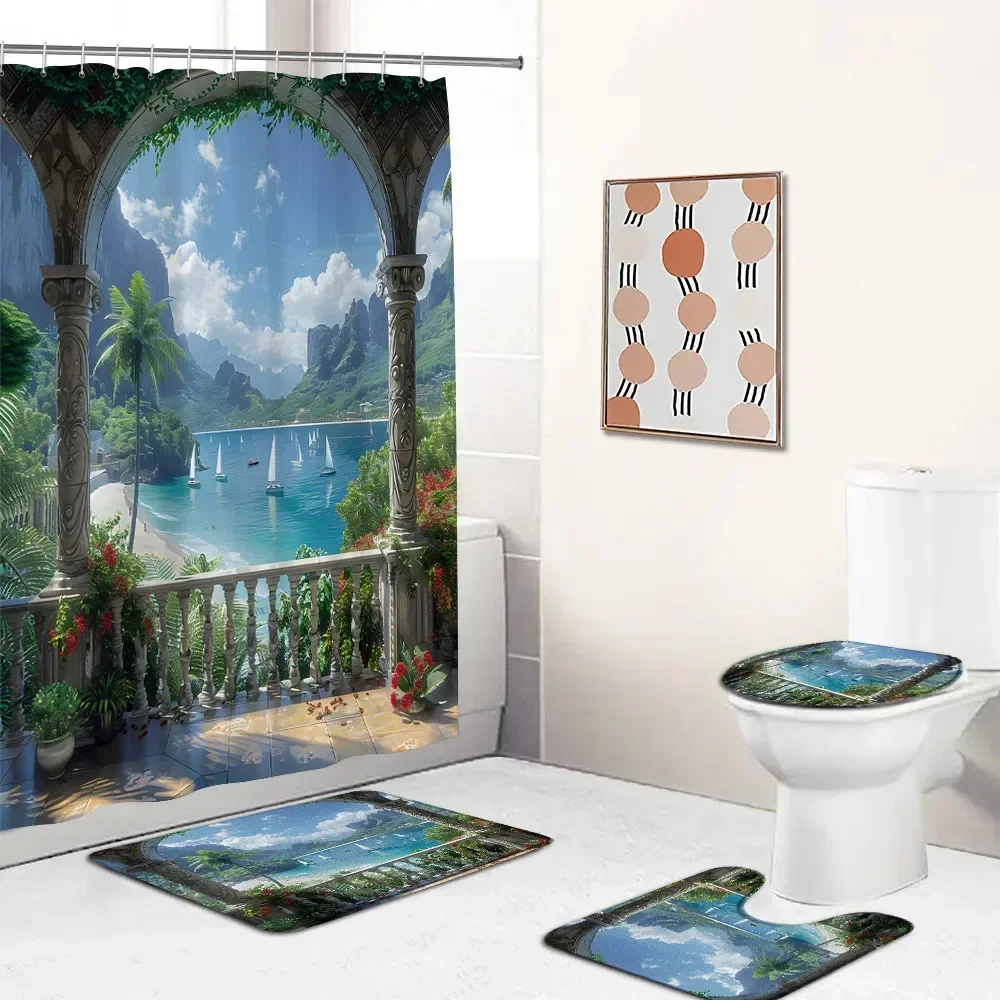 European Arch Door Roman Column Shower Curtain Set Green Vine Flower Plant Outdoor Scenery Sailboat Bath Mat Toilet Lid Cover