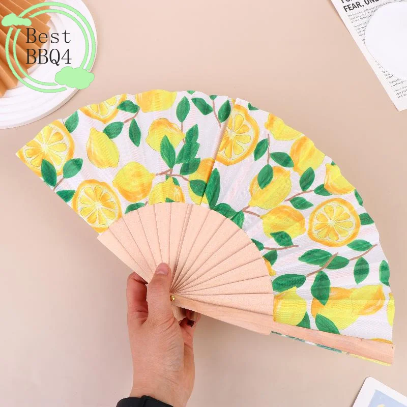 (BBQ4)Lemon Print Folding Hand Fan Fruit Pattern Bamboo Fabric Handheld Fan For Summer Cooling Dance Performance Wedding Party