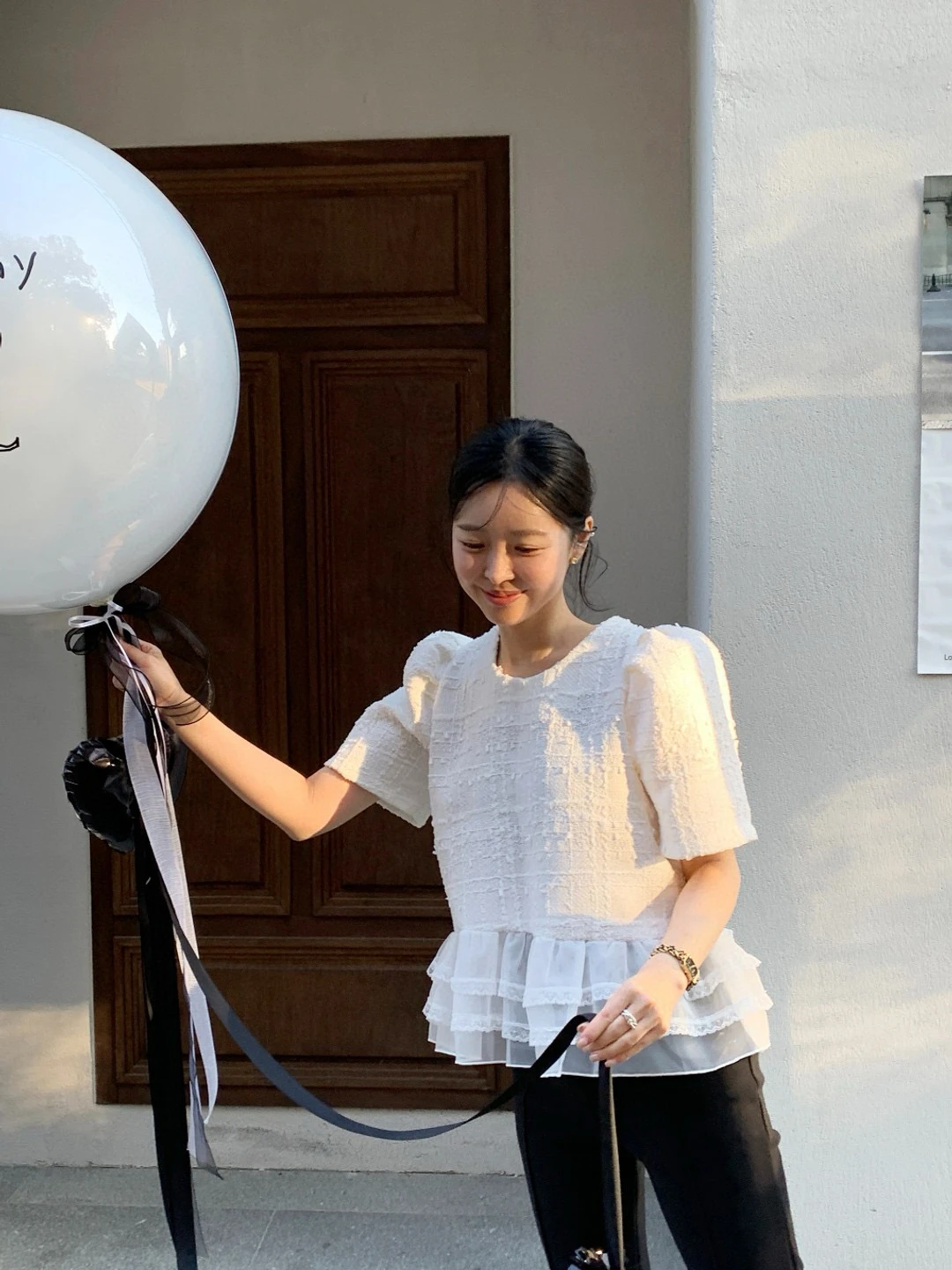 

East Gate ort Sve Women's irt Lace Bubble Sve Design Sense Faion Top Straight Tube Commute Sle Regular Fit