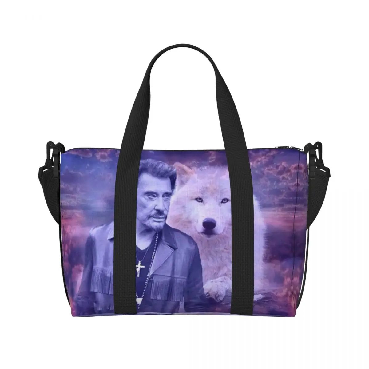 

Custom Johnny Hallyday Beach Tote Bag for Women Extra Large Gym Carry On French Singer Rock Music Travel Shopping Bags
