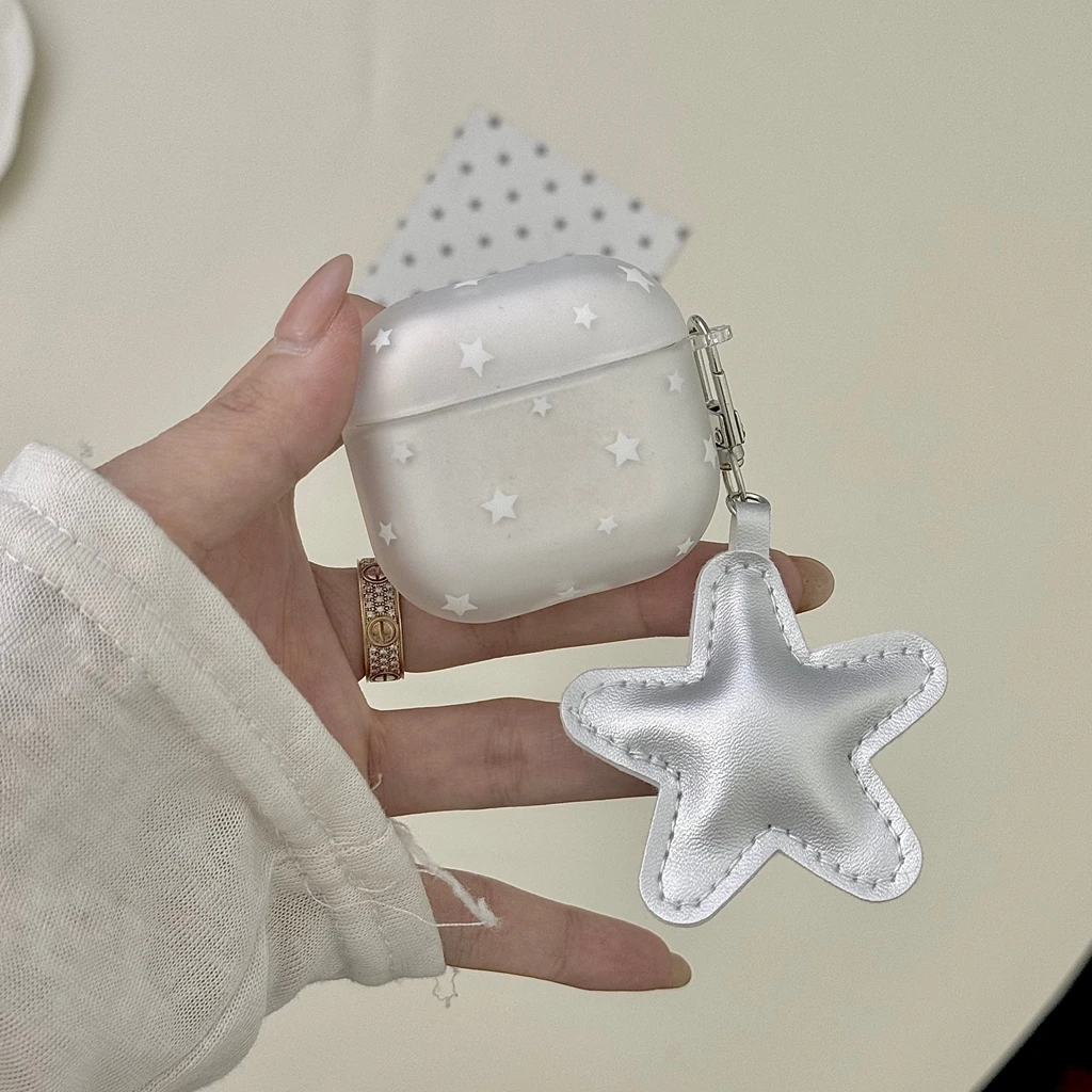 Fashion Semi-Transparent Matte With Silver Stars Pendant Shock Proof Earphone Cover Case for AirPods 1 or 2 3 4 5 Pro 2 Pro 3