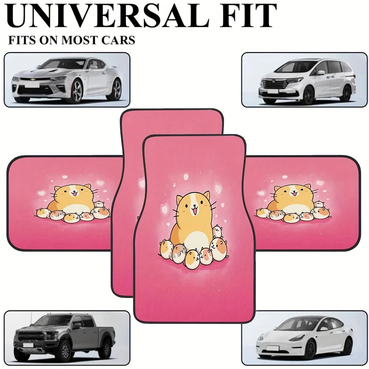 4pcs Car Floor Mats Yellow Group Cute Warm Healing Pattern Print Universal Material Interior Accessories Suitable All Seasons Ve