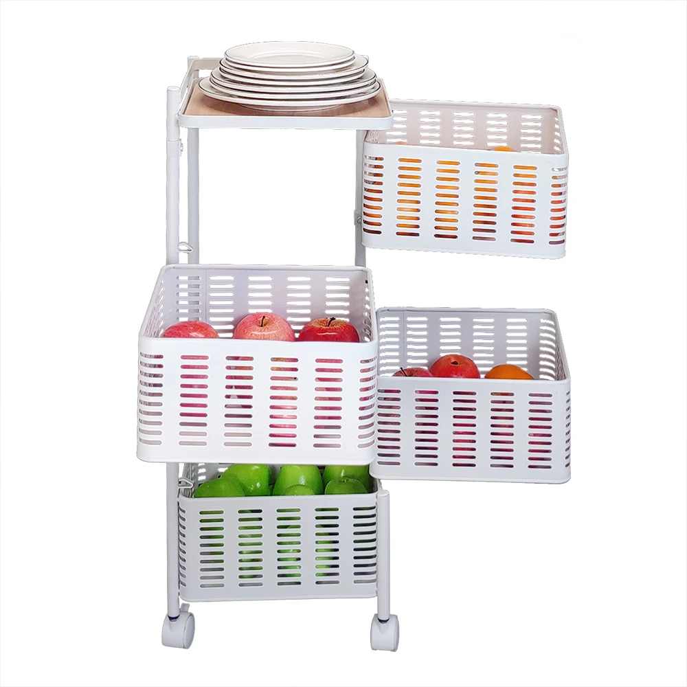 Metal Rotating Fruit Basket with Wheels and Wooden Top, Kitchen Storage Rack, Pantry and Vegetable Rack, 4-Tier