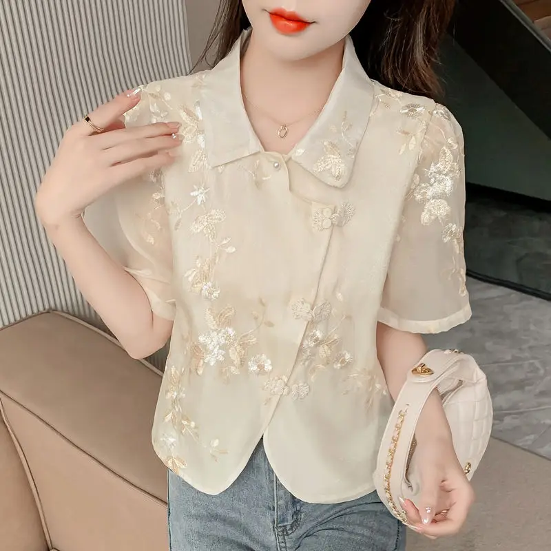 

Summer New Design Slant Button Short Top Chinese Style Disk Button Embroidered Short Sleeve Blouse For Women