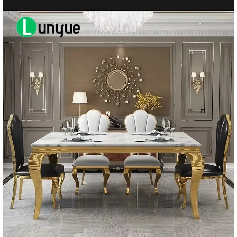 Wholesale Modern Marble Top Stainless Steel Frame Eco-Friendly Restaurant Dining Table Chair Set 6 Chairs for Hotel Apartment