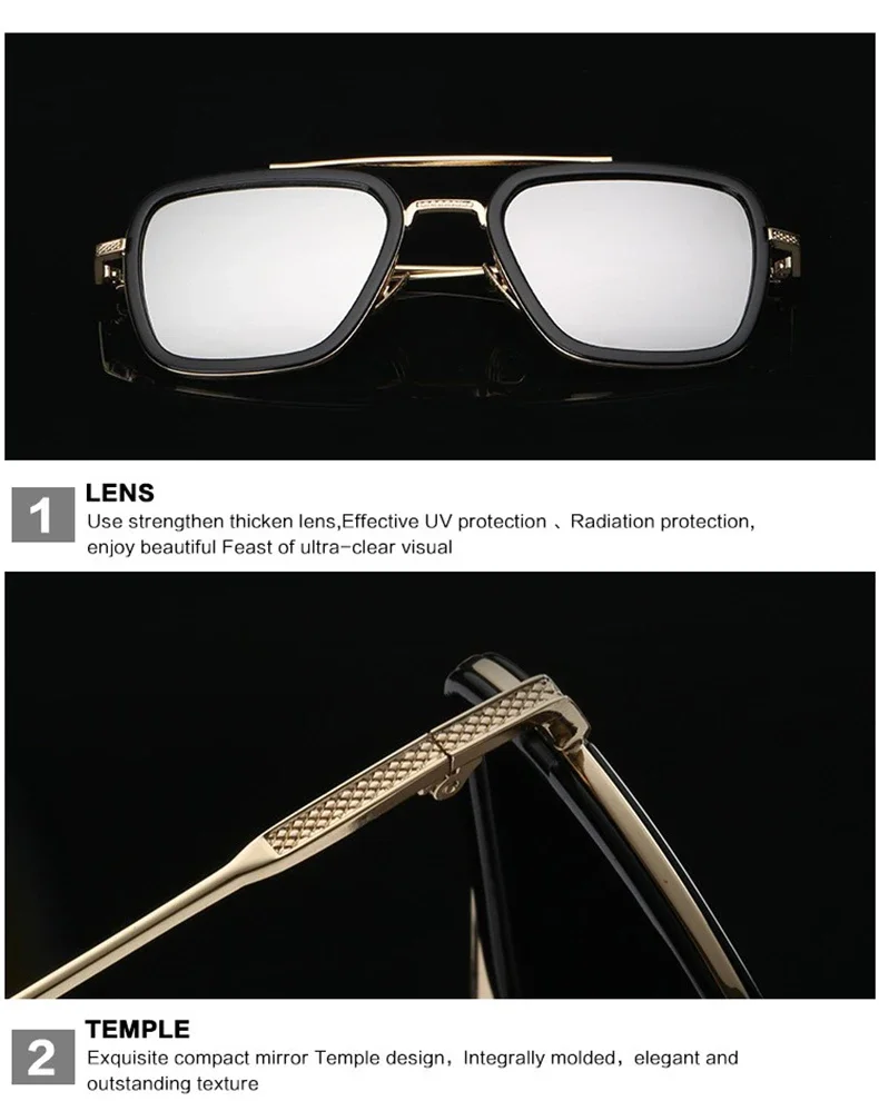 Modische Avengers Tony Stark Flugstil-Sonnenbrille Eckige Edith-Sonnenbrille – Detail 16