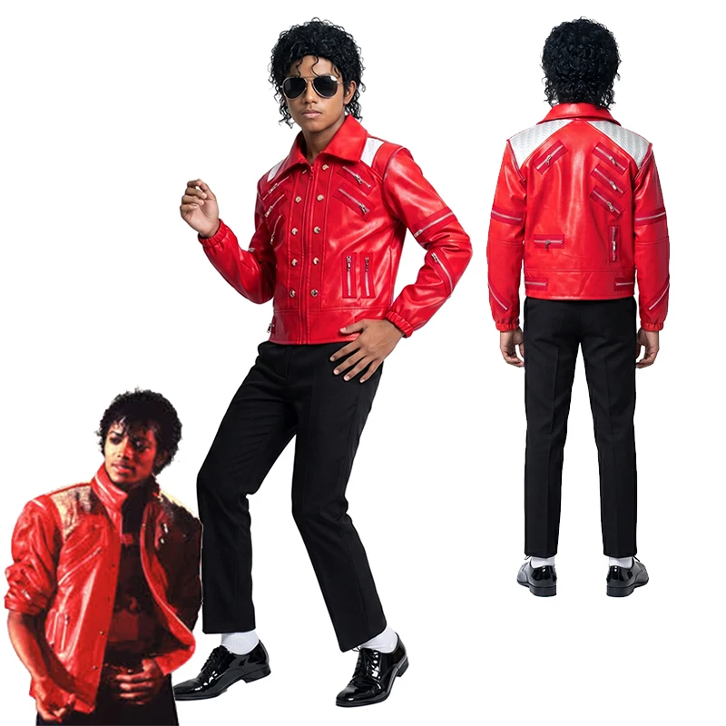 Disfraz de Halloween de Michael Jackson, estrella del rock de los años 80, con chaqueta de cuero roja de la canción Beat It, para niños.