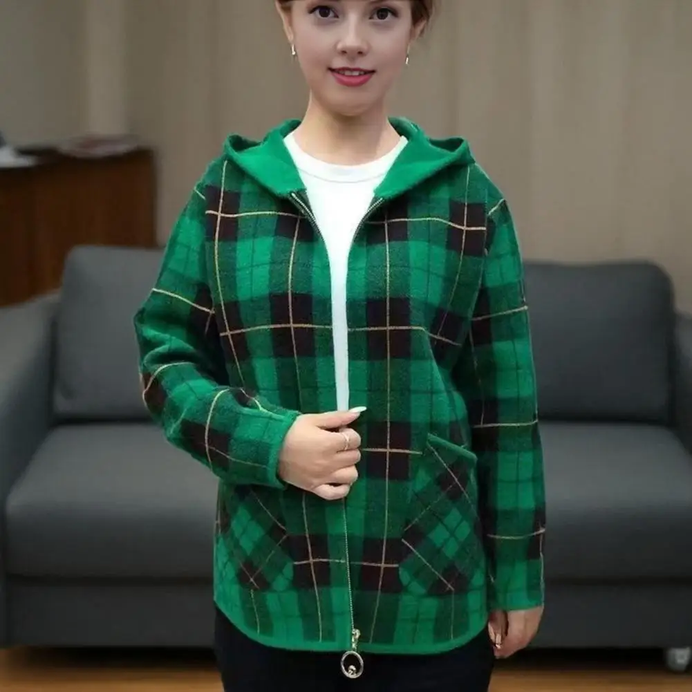 Loose Fit Women Jacket Women Polyester Coat Women’s Plaid Shacket Jacket Wool Blend Long Sleeve Coat Zip-up Hooded for Fall