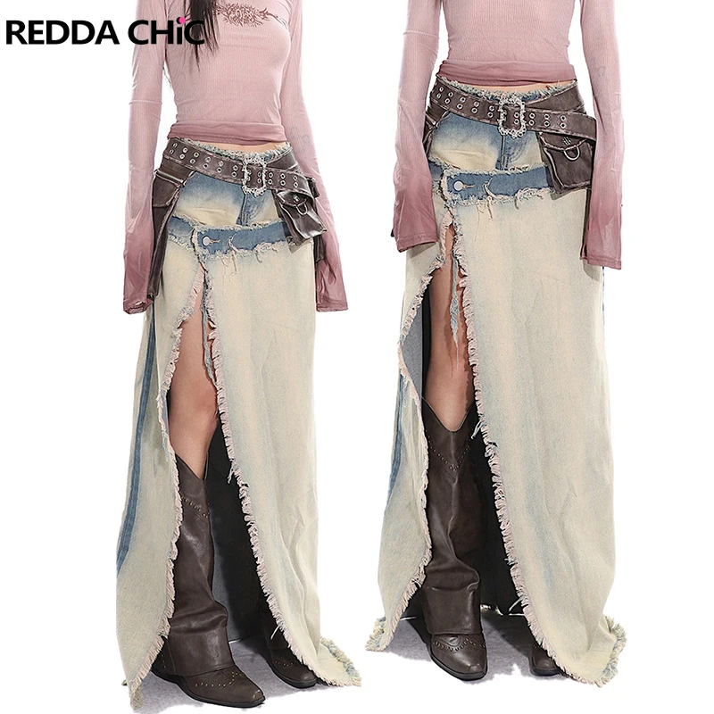 

REDDACHiC Gradient Wash Asymmetric Denim Maxi Skirt Women Tall Girls Friendly Frayed Slit Long Skirt Vintage Harajuku Streetwear