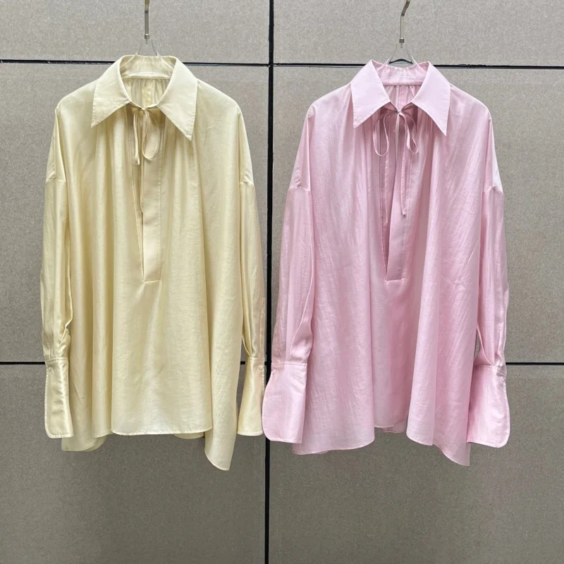 

2026 Spring NewWomen's Lapel PleatedTie-Waist Top High-Quality Pearlescent Draped Loose Fit VersatileDopamine Color Casual Shirt