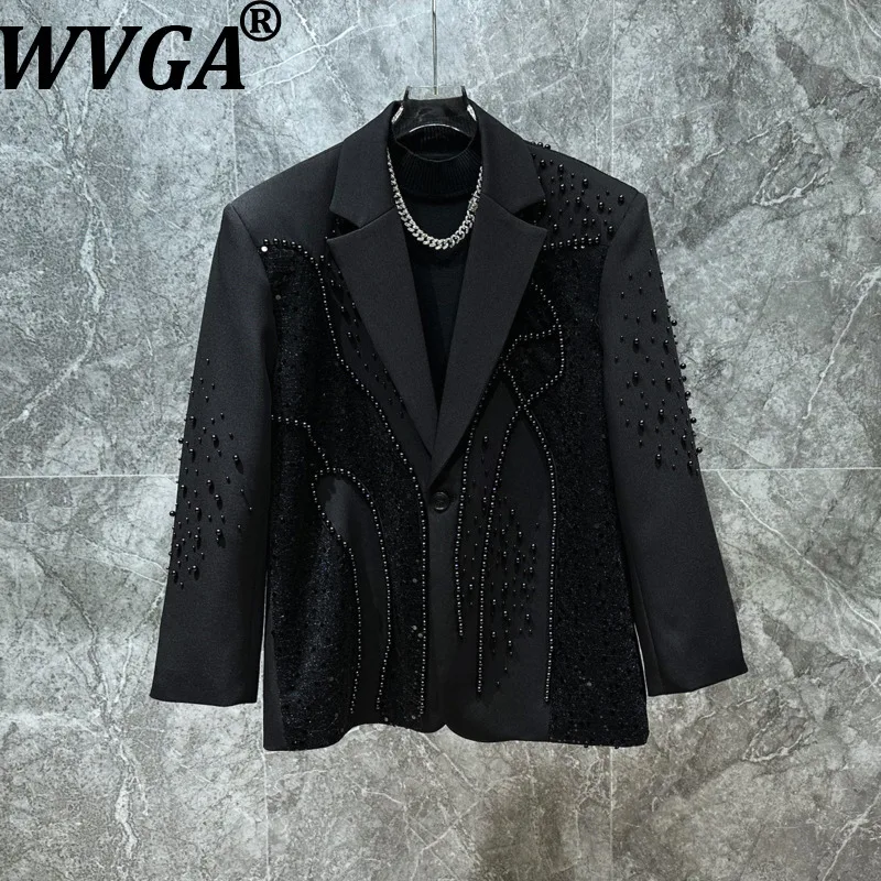 

WVGA Spring Autumn New Man Tide Luxurious Pearl Sequin Patchwork Trendy Turn-Down Collar Blazer Niche Chic Casual Jakcets W21133