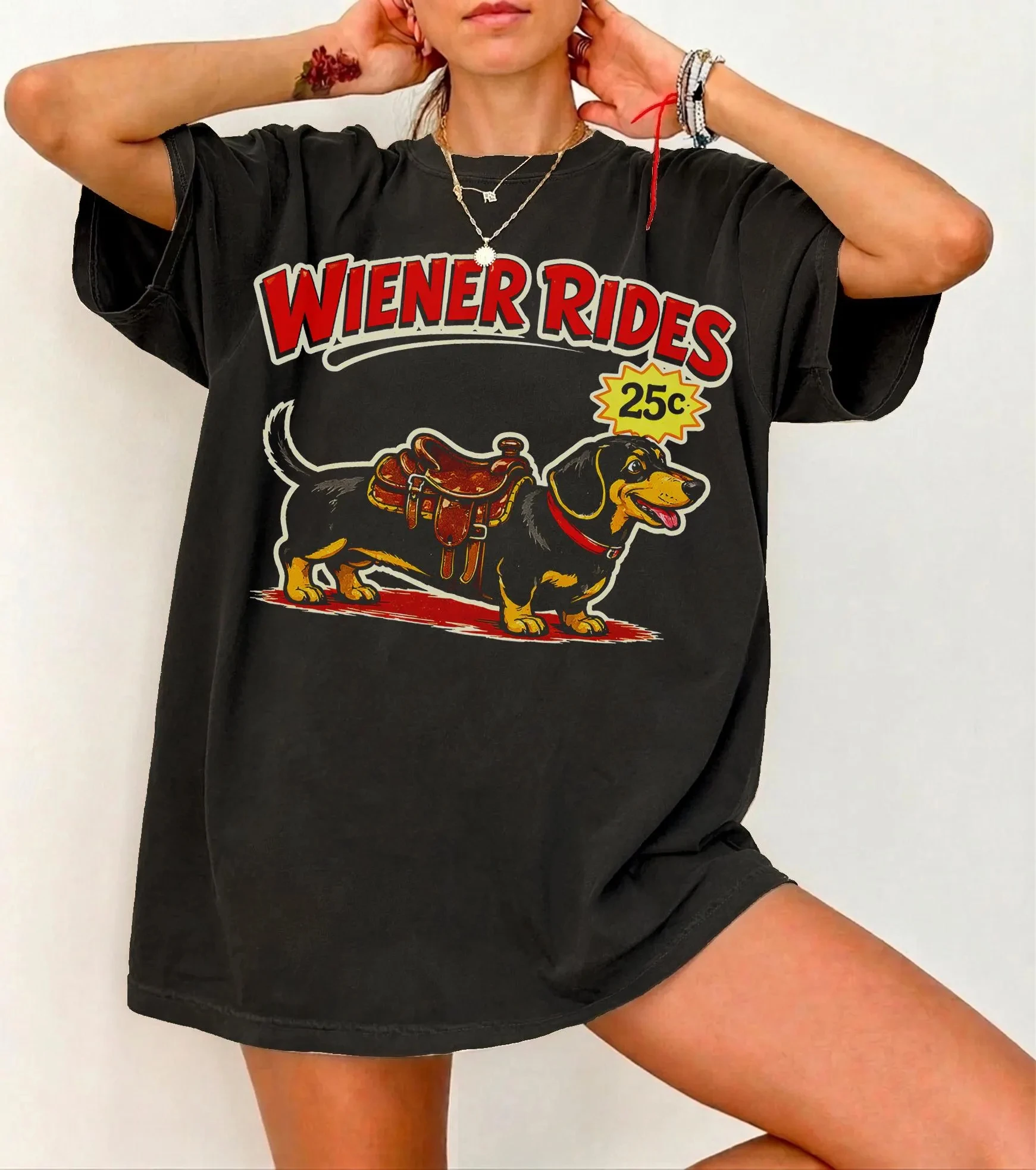 Wiener Rides Dachshund Graphic Tee Retro Hot Dog Carnival Design Summer Men's and Women's Loose and Breathable T-shirt Top