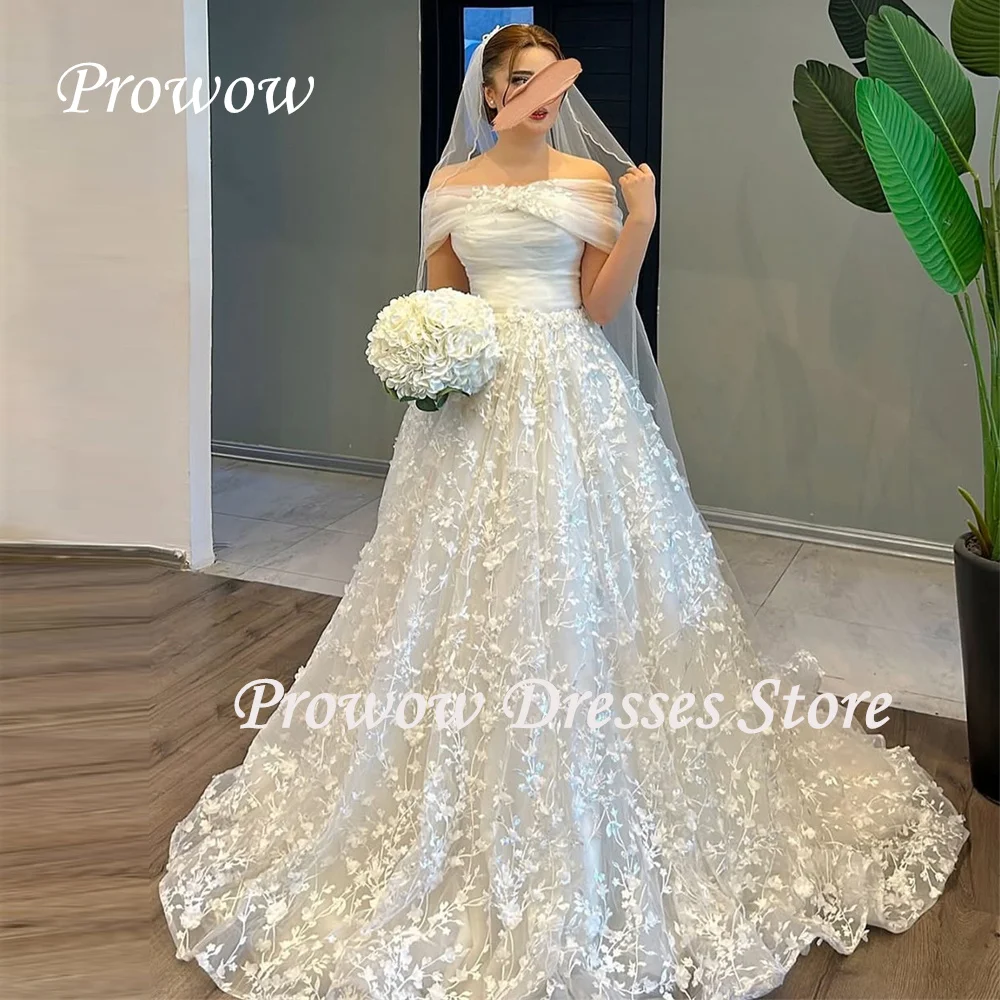 

Prowow 2025 Luxury Full Lace A Line Wedding Dresses Off Shoulder Ivory Bridal Gowns Floor Length Zip Back Free Customized