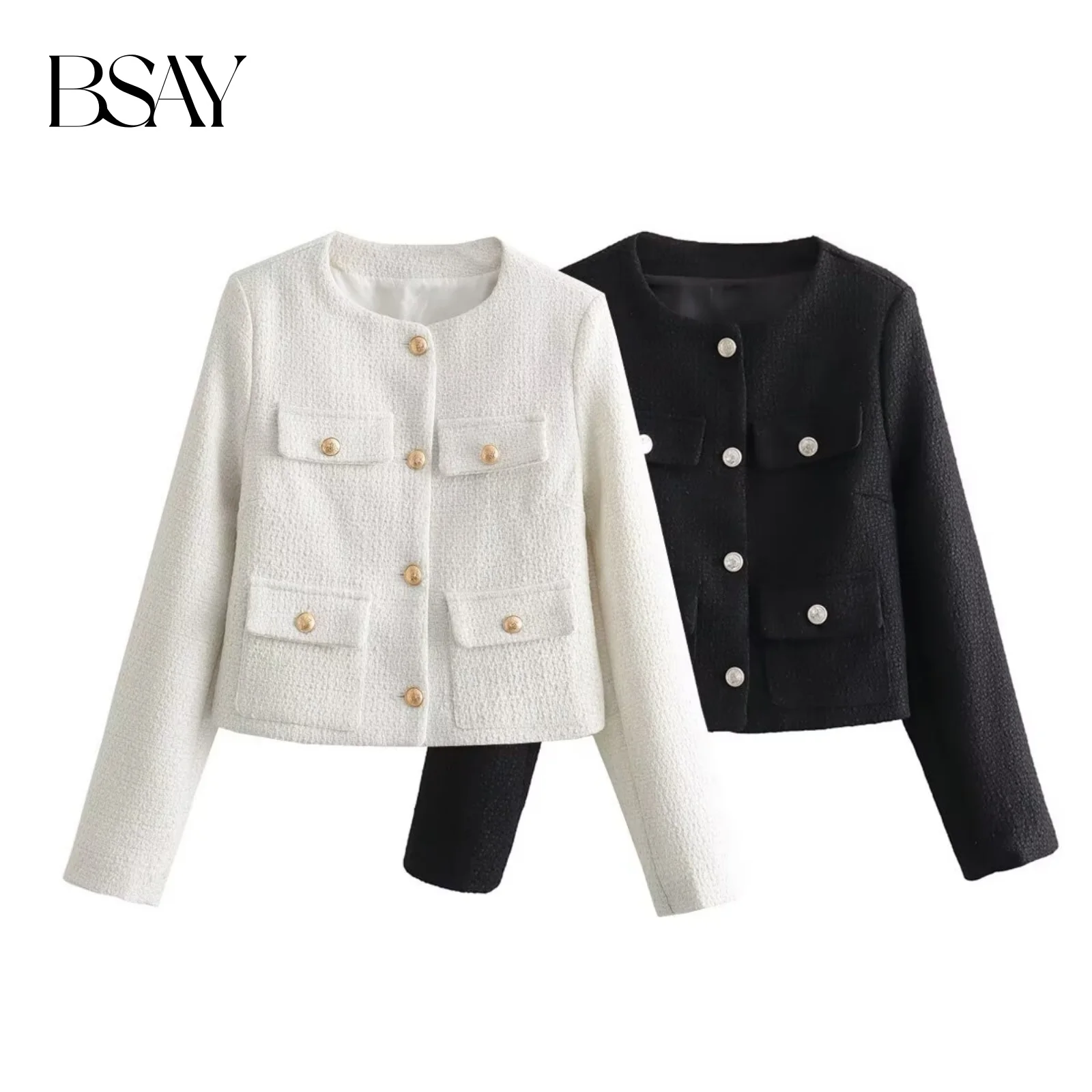 BSAY Women Fashion Spring New Flip Pocket Jacket  Single-breasted Crewneck Tweed Short Coats Chic Ladies Tops Mujer