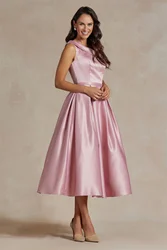 Elegant One Shoulder Ruffles Satin Cocktail Dresses Corset Sashes Sleeveless Graduation Gowns A-Line Tea-length Formal Prom Gown