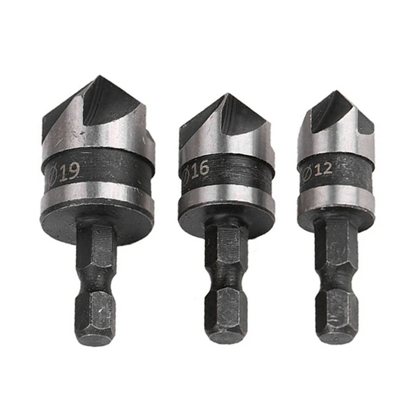 Two Sets Of X 3Pcs [12/16/19Mm] Hexagon Shank Five-Edge Chamfering Tools 90-Degree Hole Opener Chamfering Tool For Wood-Fishing