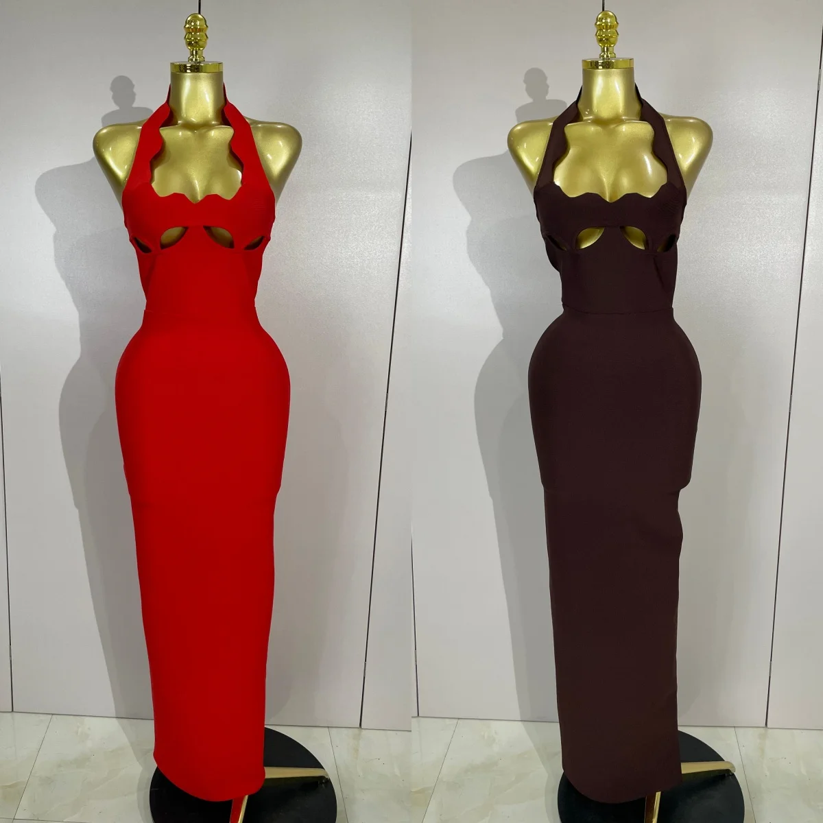 Sexy Halter Neck Heart Shaped Bust Cut Out Backless Split Bandage Long Dress Evening Party Celebrity Birthday Photo Shoot Outfit