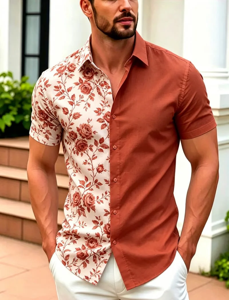 Men's Short Sleeve Shirt Lapel Color Block Iris Floral Sketch Print Button Up Casual Urban Daily Vacation Summer Mens Clothing
