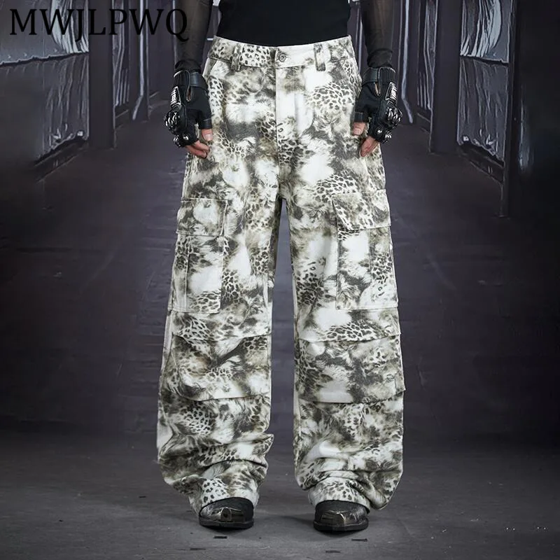 

Мужские брюки MWJLPWQ в стиле Y2K с леопардовым принтом, уличный стиль, деконструкция, пэчворк, с множеством карманов, повседневные, модель 13036