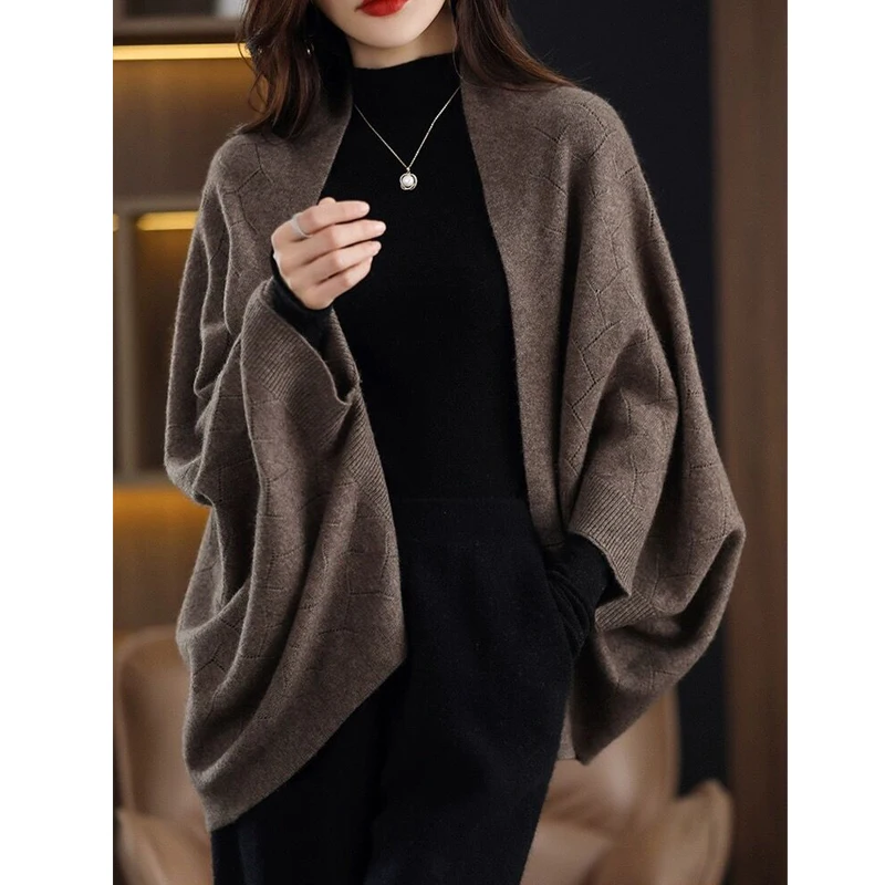 2023 Autumn Winter Women Elegant Fashion Oversize Shawl Knitted Cardigan Female Casual Solid Long Sleeve Soft Cloak Sweater Coat