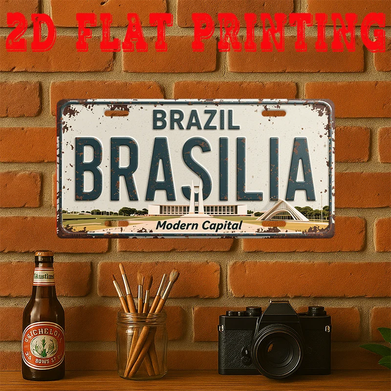 2D Flat - [2D Flat] 2D Printed Sign, One Piece, Vintage Metal Tin Sign (29.97 * 14.99 cm), Brasília Modern Capital Sign, Retro D