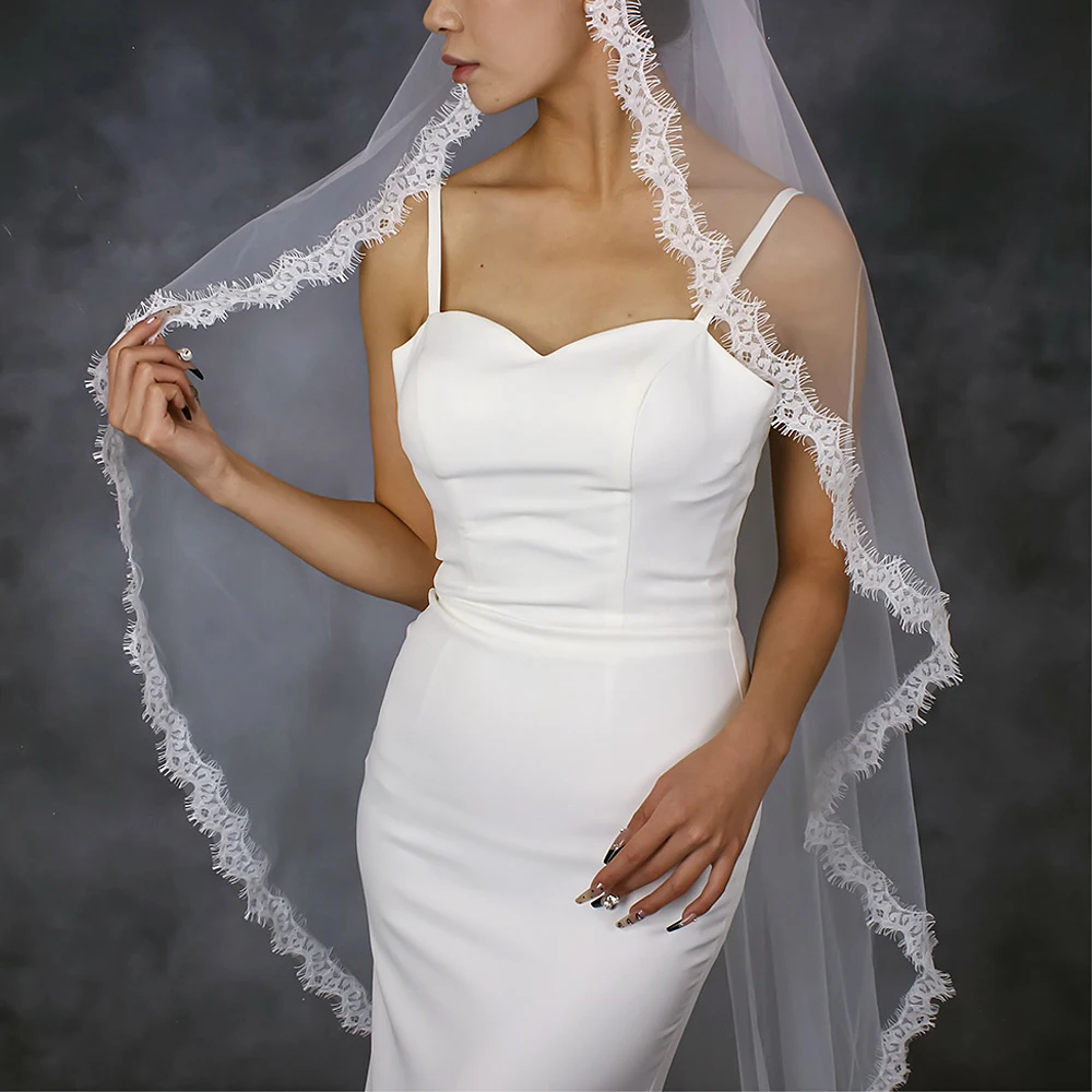 Lace Wedding Veil 1 Tier Long Bridal Veils Soft Wedding Bridal Accessories Scallop Lace Trim Soft Tulle Short Veu VP98