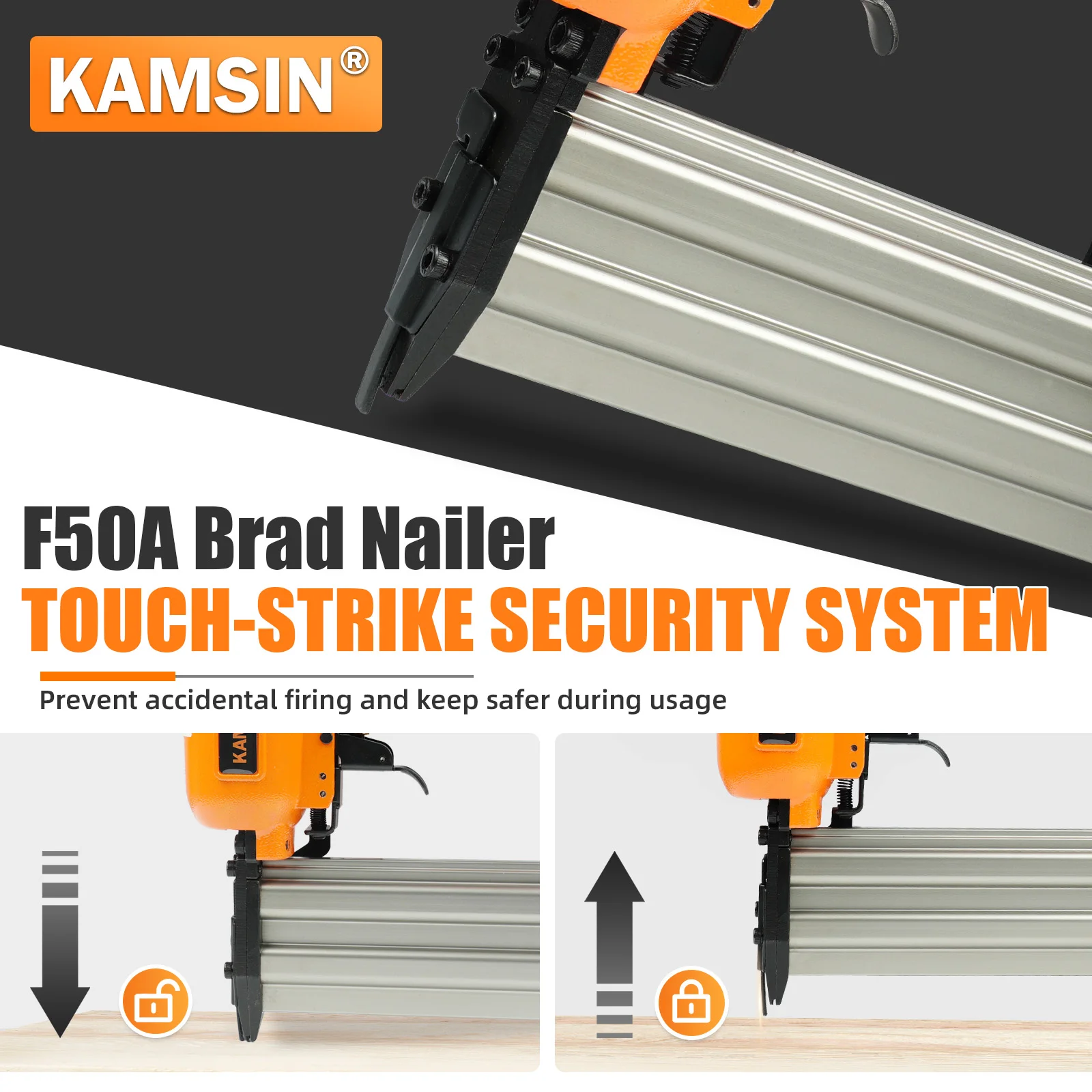 KAMSIN F50A Pneumatic Brad Nailer Accepts 18 Gauge 3/8-Inch to 2-Inch Brad Nails,  with Carring Case for Trim Work and Furniture