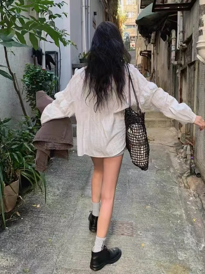 

Embroidered Long Sve Women's irt Dstring Loose Fit Age Defng Versatile Lace Trim Splicing Top Commute Sle Cotton