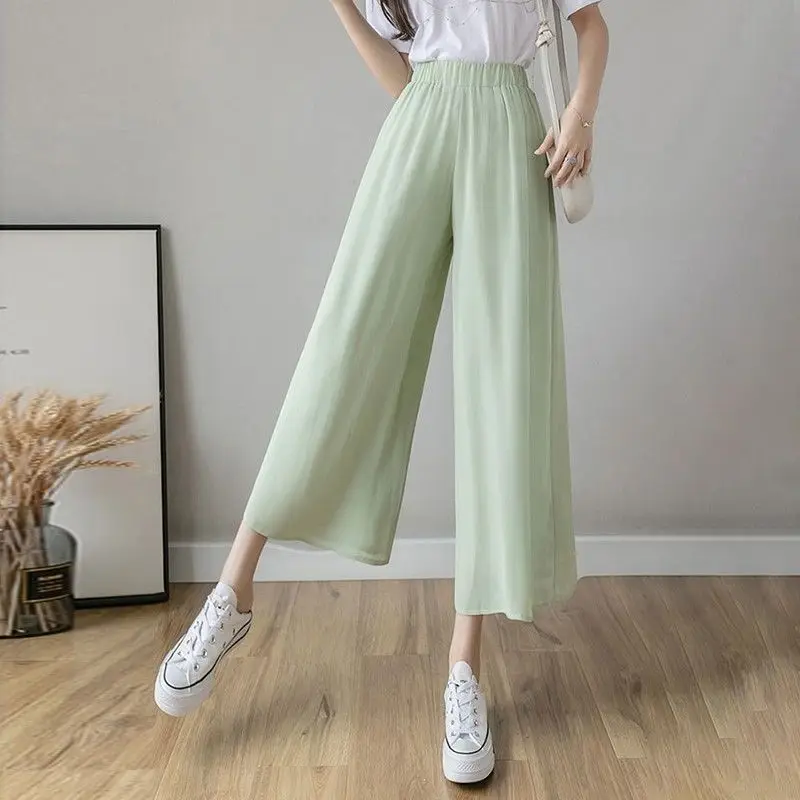 

Women Summer Simplicity Office Lady Loose Solid Color High Waist Chiffon Wide Leg Women Clothes Casual All-match Cropped Pants