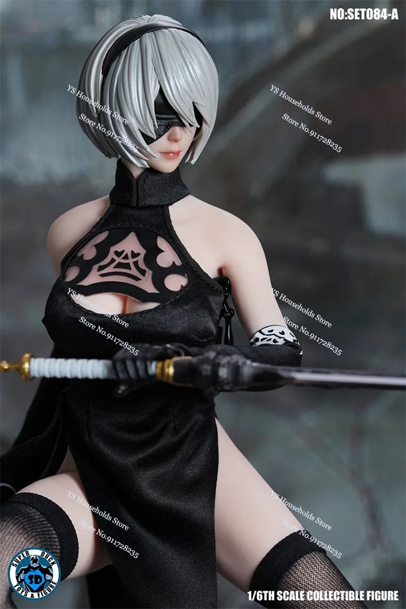 SUPER DUCK SET084 1/6 Nier Female Soldier Beauty Head Sculpt Hot Cheongsam Clothes Set Accessory For 2B Girl Action Figure Decor